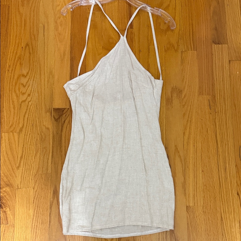 PrettyLittleThing Natural Stone Linen Asymmetric Dress - size S